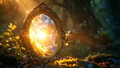 A golden ornate mirror reflects a burst of light amidst lush greenery, creating a magical atmosphere