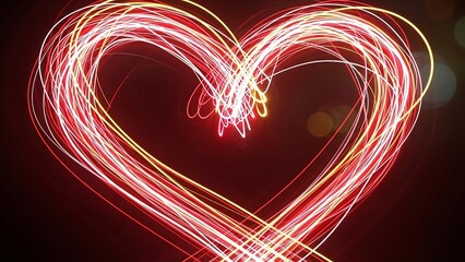 Heart shape formed by red and white light trails with bokeh effect yellow