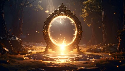 An ornate glowing portal stands amidst a mystical forest, radiating light and ethereal energy