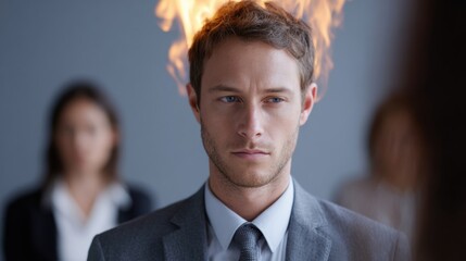 Close-up portrait of a young man in a suit and tie. he is standing in front of a blurred background with two other people visible in the background.