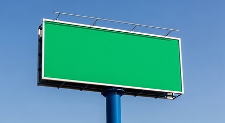 Large blank green billboard against a clear blue sky, ready for custom advertising messages and branding campaigns