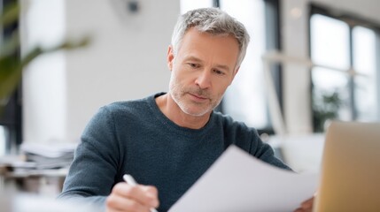 Middle-aged man sitting at a desk with a laptop and papers in front of him. he is holding a pen in his hand and appears to be deep in thought.