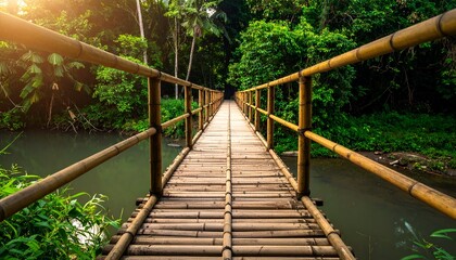 Obraz premium A serene bamboo bridge stretches over a calm river, surrounded by lush green foliage and sunlight