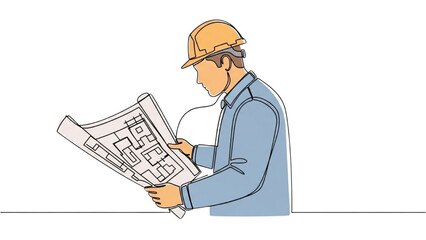 Engineer reviewing architectural plans in a professional setting