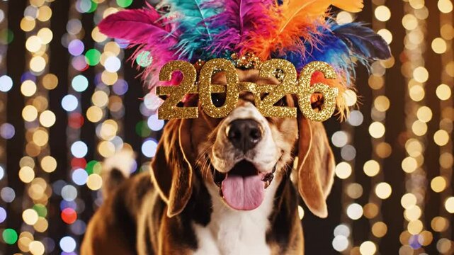 4K animation of a Beagle dog dressed for a New Year's party with 2026 specs against a celebratory bokeh background.