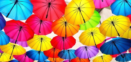 Colorful umbrellas arranged in a vibrant display,  various sizes,  close-up