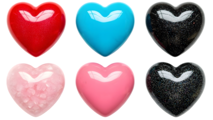 Collection of shiny colorful hearts in various textures and pink hues on transparent background