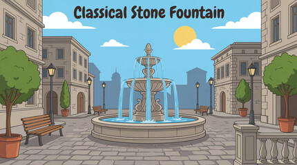 classical stone fountain stands at the center of a city square, featuring carved details, flowing water, and historic design symbolizing elegance, architecture, and urban public spaces © Evan