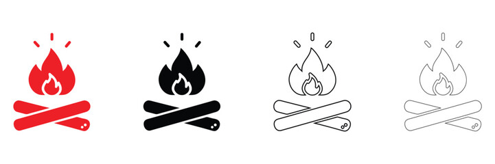 camp fire vector icon set, flames with fireplace symbol, camping fire vector, silhouette and line art