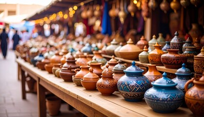 Colorful Pottery Displayed at a Traditional Moroccan Souk Market Stall.