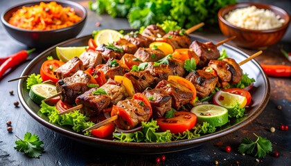 Delicious Grilled Meat Skewers with Fresh Vegetables and Herbs.