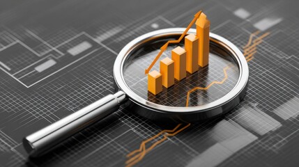 Magnifying glass over a bar graph showing financial growth and analysis