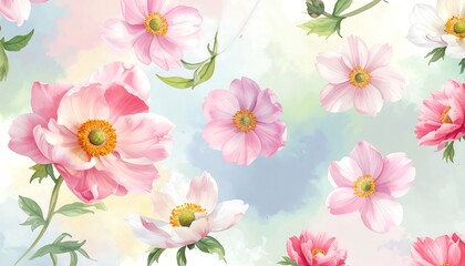 Watercolor Floral Pattern with Pink Flowers and Green Leaves.