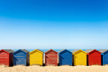 Naklejka premium Back view of colorful beach huts lined up on sand with sea horizon and clear sky