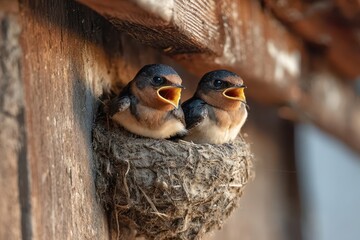 Quiet rural moment: young barn swallows tucked in a sheltered nest, waiting for parental care