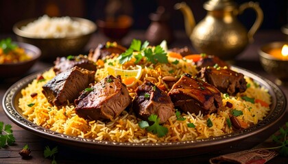 Delicious Arabian Kabsa Dish with Tender Meat and Fragrant Rice.