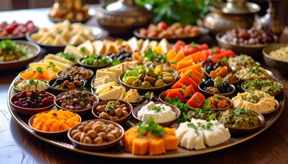 Delicious and Colorful Middle Eastern Mezze Platter with Various Appetizers.