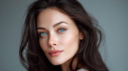 Naklejka premium Beautiful woman with striking blue eyes and dark hair, looking at the camera