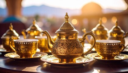 Golden Moroccan Tea Set with Ornate Details and Warm Lighting.
