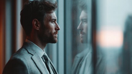 Thoughtful businessman looking out of a window with his reflection