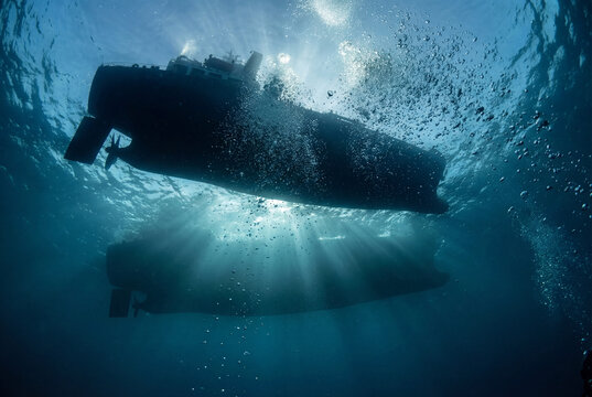 Underwater View of Two Boats from Below with Sunlight Rays Penetrating Blue Ocean Water