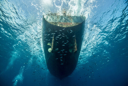 Underwater View of Large Ship Hull with Propellers and Fish in Blue Ocean