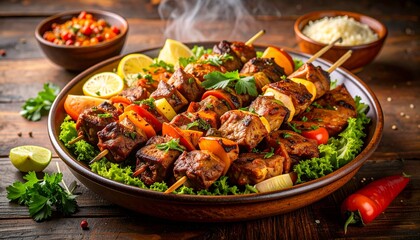 Delicious Grilled Meat Skewers with Vegetables and Rice.