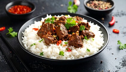 Delicious Beef Curry with Fluffy White Rice and Fresh Cilantro Garnish.
