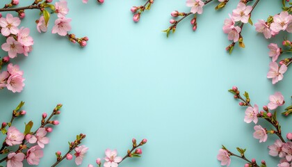 桜の花、つぼみ、葉のポストカード・フレーム
ピンク色に色づいた桜の花びら　パステルブルーの無地の背景