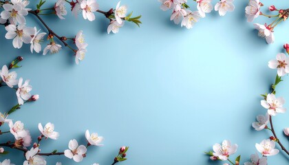 桜の花、つぼみ、葉のポストカード・フレーム
ピンク色に色づいた桜の花びら　パステルブルーの無地の背景