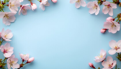 桜の花、つぼみ、葉のポストカード・フレーム
ピンク色に色づいた桜の花びら　パステルブルーの無地の背景