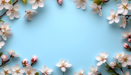 桜の花、つぼみ、葉のポストカード・フレーム
ピンク色に色づいた桜の花びら　パステルブルーの無地の背景