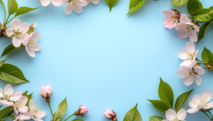 桜の花、つぼみ、葉のポストカード・フレーム
ピンク色に色づいた桜の花びら　パステルブルーの無地の背景