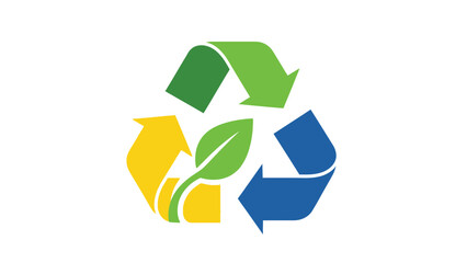 Colorful three arrow recycling symbol featuring a vibrant green leaf at its center promoting ecological sustainability and conservation efforts globally