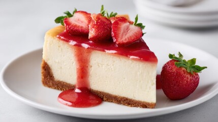Delicious slice of strawberry cheesecake on a white plate, ready to eat