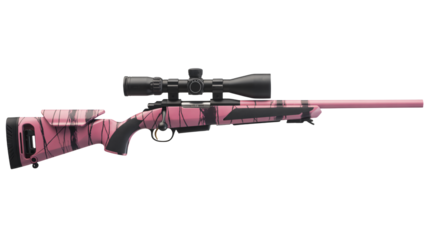 Pink camouflage sniper rifle with black scope in studio lighting on white background for hunting advertisement