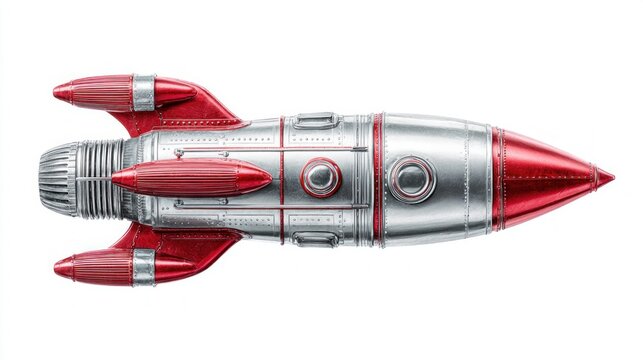 Retro red and silver toy rocket ship isolated on a white background