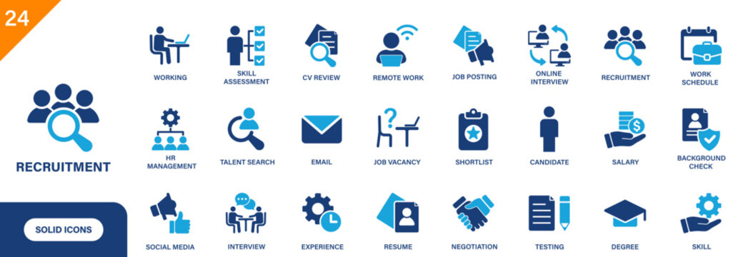 Recruitment icon. Including interview, job vacancy, skill assessment, CRM, degree, salary. Solid vector icon set.