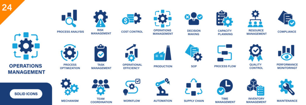 Operations management icon. Including supply chain, cost control, capacity planning, production. Solid vector icon set.