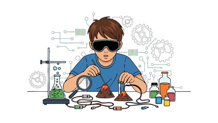Curious Young Boy in Safety Goggles Conducting a Science Experiment Exploring Chemistry and Engineering