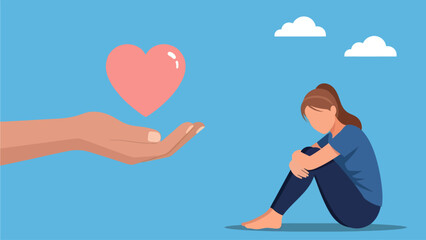 A compassionate hand extends a glowing pink heart toward a sorrowful woman sitting with her head bowed, symbolizing the powerful offer of love and emotional support during times of deep despair