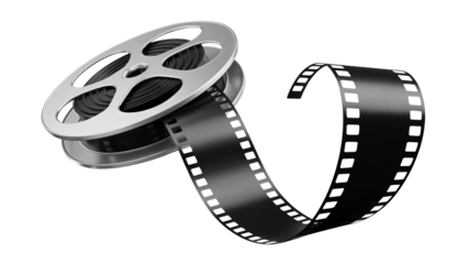 Film Reel with Unwinding Strip in Modern Minimalist Style with Soft Studio Lighting on White Background for Film Industry