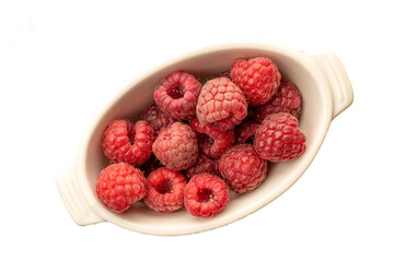 Red ripe raspberries isolated on white background, top view, macro.