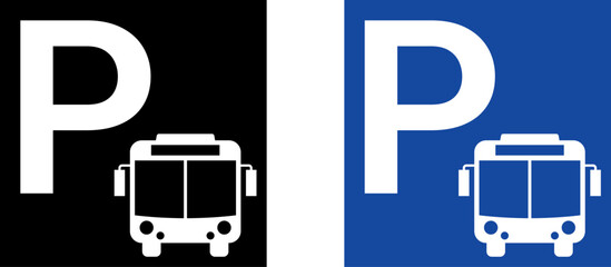 Bus Parking Icon Sign Set, Public Transport Symbol in Black and Blue Square Design, Public Bus Parking Sign Icon, Transportation Parking Symbol in Flat Square Style, Bus Vector Icon, Public Transport 