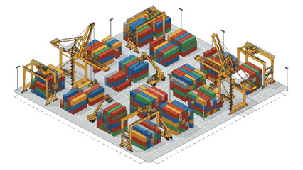 An isometric illustration of a busy container terminal with cranes and stacks of shipping containers.