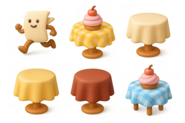 Cute cartoon icon set featuring running character and colorful cupcake tables for design