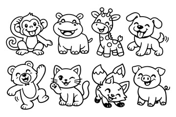 Adorable cartoon baby animals line art collection for kids