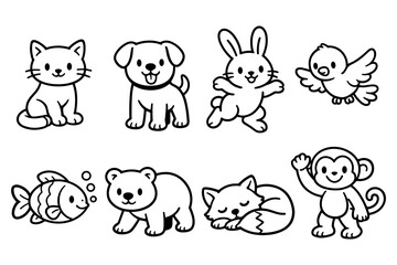Cute outlined cartoon animals: cat, dog, rabbit, bird, fish, bear, fox, monkey - black and white