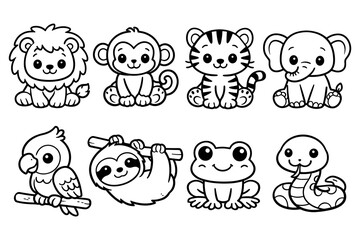Obraz premium Cute outline animal characters for kids: lion, monkey, tiger, elephant, parrot, sloth, frog, snake