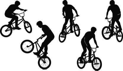 Obraz premium BMX rider silhouettes performing freestyle bicycle tricks isolated on white background, extreme sports action poses, urban cycling illustration vector set